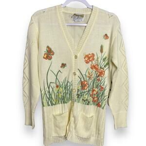 Norton's Point Cardigan Sweater Women's Large Ivory Floral Print VTG Cottagecore